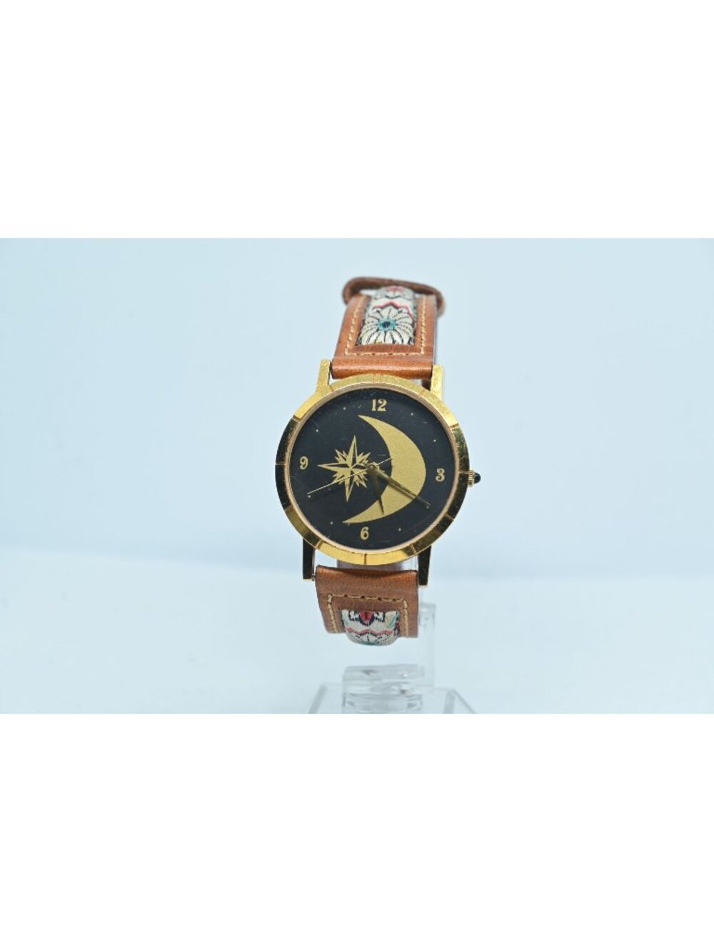 Moon Star Dial Watch Gold Tone Case Brown Leather Southwest Boho Strap